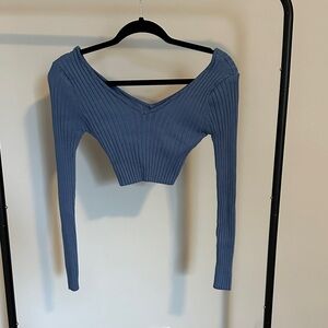 Blue Ribbed V-Neck Women's Top